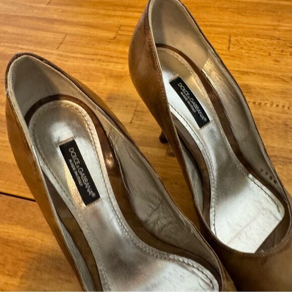 Dolce & Gabbana Italy Spuntata Anguilla Brown Leather Peep Toe Heels Size 35.5 - Picture 2 of 7